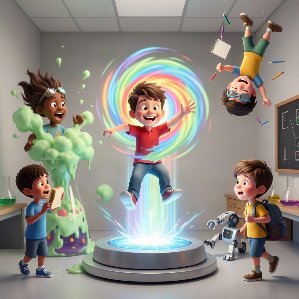 A polished animated-film style cartoon of science museum chaos: one child half-teleported in a rainbow vortex above a glowing pad, one erupting in green slime from a giant flask, one floating upside-down from an anti-gravity experiment, and a small robot watching the mayhem